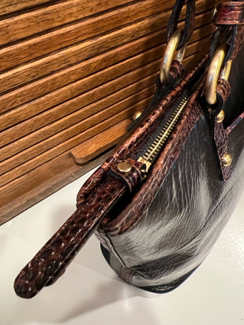 Vintage Brahmin Arno Tote bag, Tuscan collection, black with Pecan croc trim - Picture 7 of 16